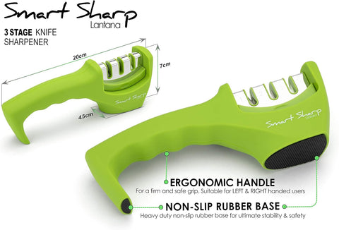 Smart Sharp 3-Stage Professional Knife Sharpener – Manual Kitchen Knife Sharpener with Ceramic Stone, Tungsten Carbide & Diamond Rods – Non-Slip Ergonomic Handle (Green)