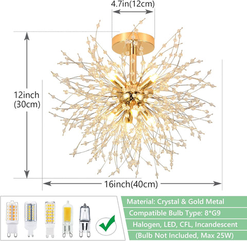 Modern Crystal Chandelier Ceiling Light, Firework Design Pendant Lamp, Gold K9 Crystals, 8 G9 Sockets for Living Room