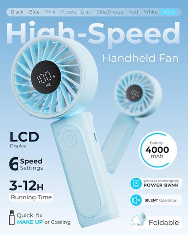 Handheld Fan, Portable Fan with 4000mAh Rechargeable Battery, LED Display Hand Fan with 6 Speeds, Mini Fan 180° Foldable for Home Office Travel Outdoor Bedroom