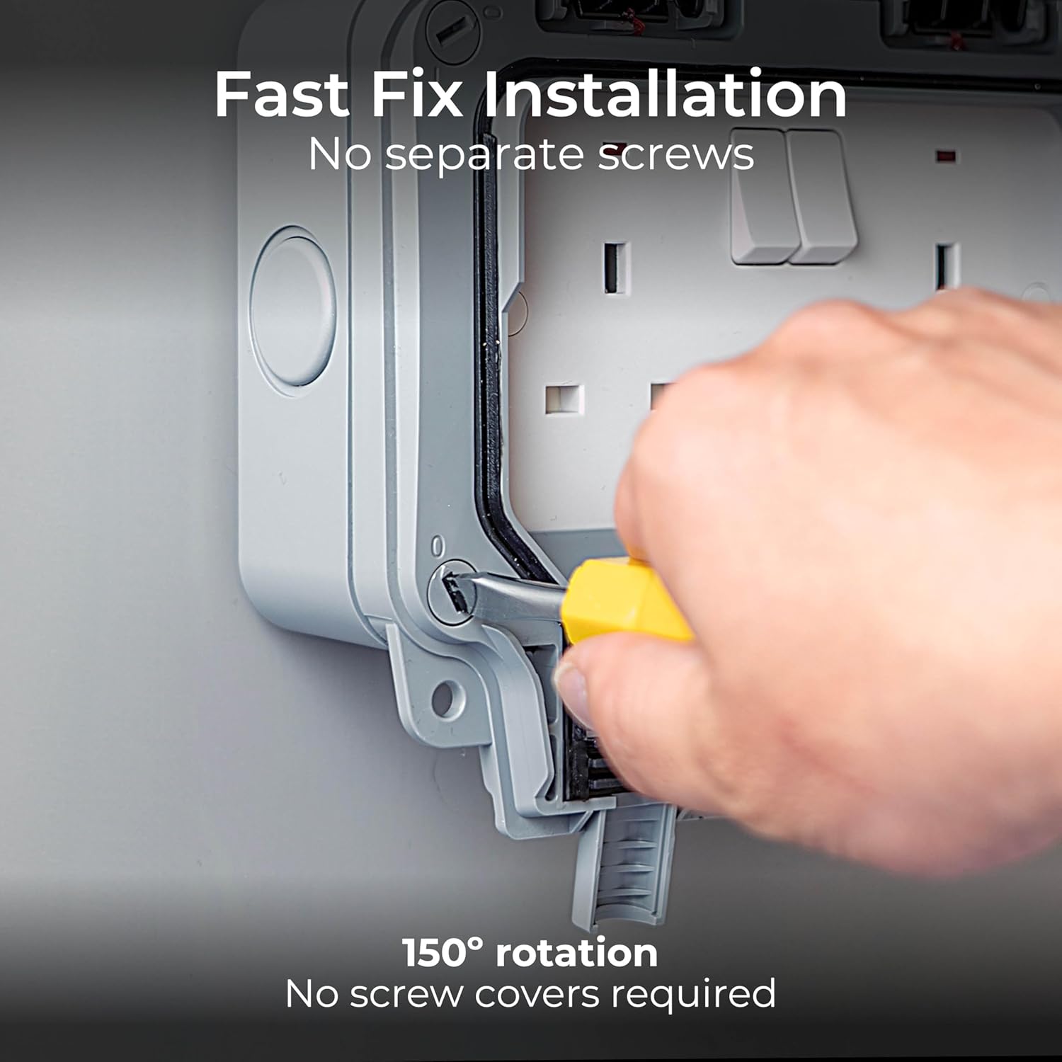 Person installing a wall socket with a tool, text indicating fast fix installation and no separate screws required.