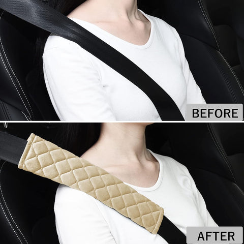 Seat Belt Comfort Harness Pads - Soft Velvet Cushion Covers Beige