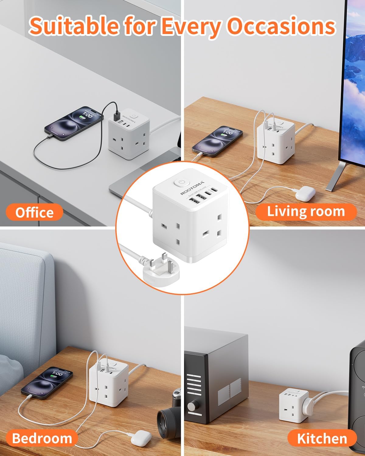 Multifunctional power strip with multiple outlets and USB ports in various settings.