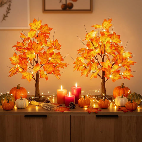 2 Pack 22" Lighted Maple Tree Fall Decor, Fall Tree with Lights Thanksgiving Decorations,24 LED Artificial Tree Battery Operated Centerpiece Table Decorations for Home Party Autumn Decor