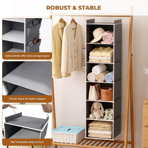Yirilan 6-Shelf Hanging Wardrobe Organiser with 2 Side Pockets – Foldable Clothes Storage for a Tidier Home