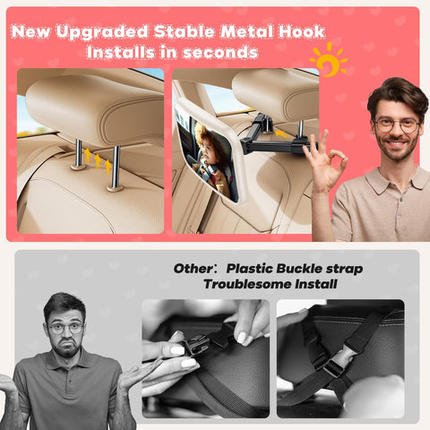 Baby Car Mirror with Hook Clip – 360° Rotating Shatterproof Rear Seat Mirror – White