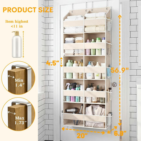 over the Door Organiser with 5 Tiers and 10 Compartments, Extra Large Hanging Door Storage with 4 Hooks, 36Kg Weight Capacity, Bedroom Wardrobe or Nursery Nappy & Toy Storage – Beige