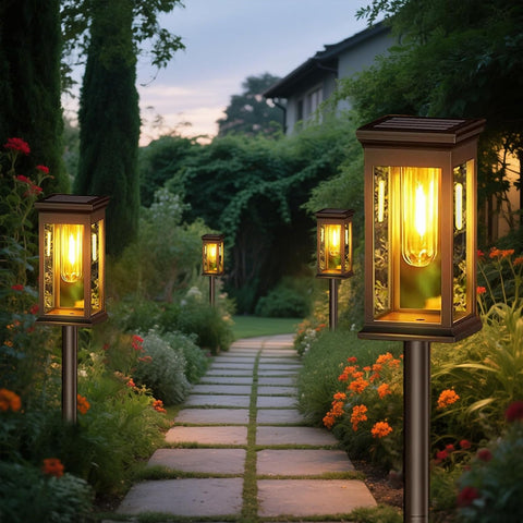 Hqynss Solar Garden Lights Outdoor, 4 Pack Upgraded Tungsten Glow LED Pathway Lights, IP65 Waterproof, Auto On/Off, Adjustable Height for Garden, Patio, Yard, Walkway, Warm White
