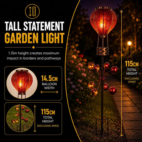 Festive Lights 1.15m Red Solar Hot Air Balloon Wind Spinner Stake Light – 20 Amber LED Flickering Flame Effect Garden Ornament, IP44 Weather Resistant Outdoor Lighting