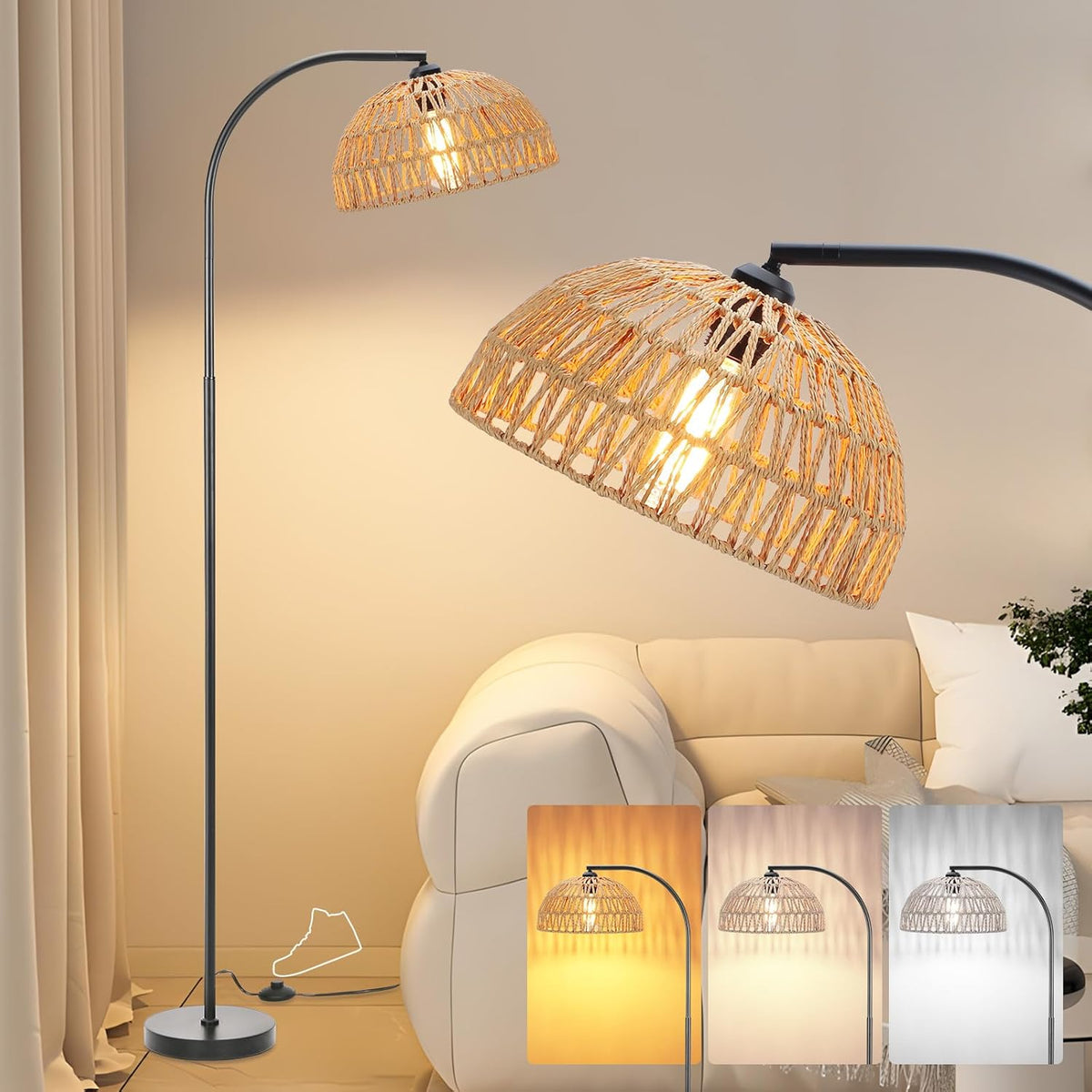 Rattan floor lamp with a beige sofa and neutral wall in the background