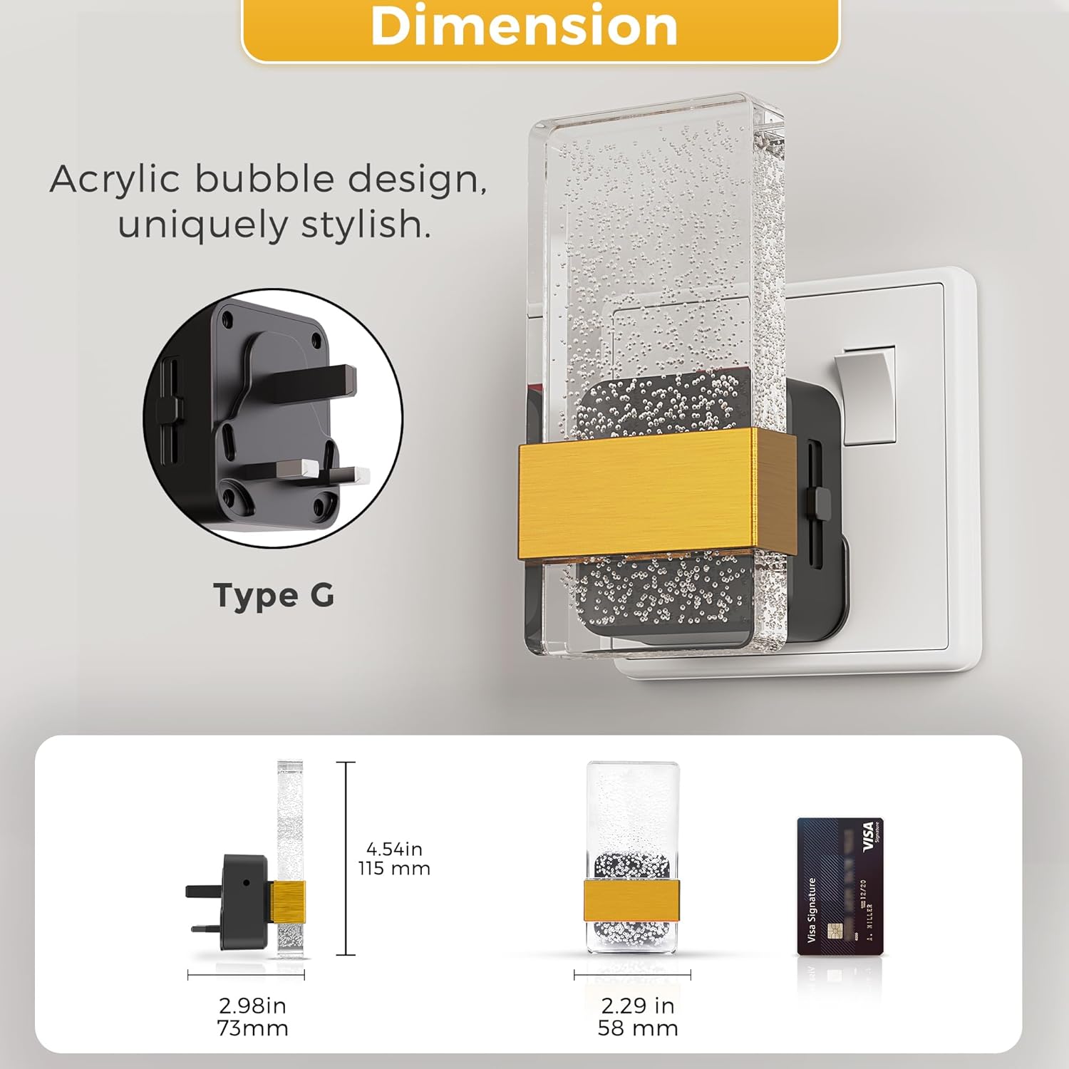 Wall adapter with acrylic bubble design on a gray background, featuring dimensions and type G label.