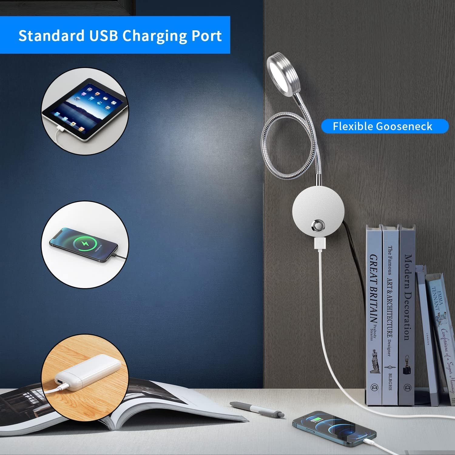 Wall-mounted lamp with flexible gooseneck and standard USB charging port, shown in use.