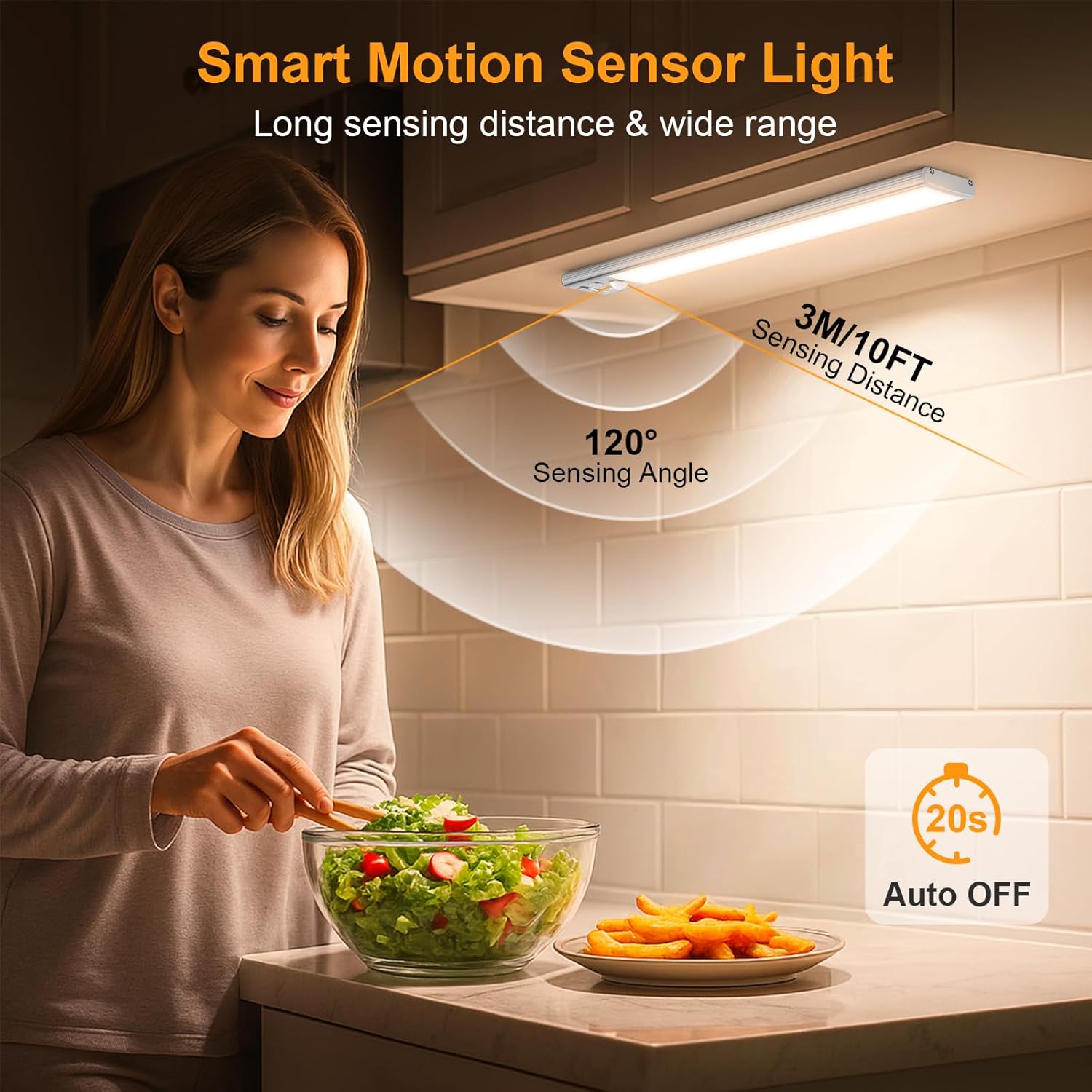 Woman preparing food in a kitchen with a smart motion sensor light above her.