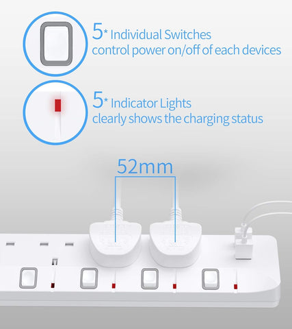 Extension Lead with 4 Way Plug Sockets, Wall Mountable Extension Socket with Individual Switches and 2 USB Charging Ports, 13A 3250W, 2M Extension Cord