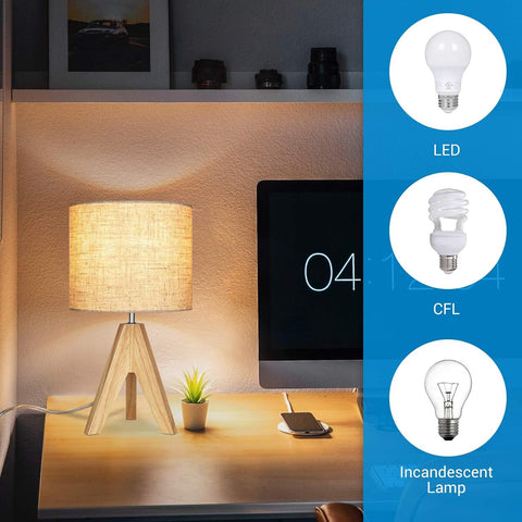 EDISHINE 36cm Wooden Bedside Table Lamp with Beige Linen Lampshade – Tripod Desk Lamp with E27 Base, On-Off Switch & 4W LED Bulb for Bedroom, Living Room, Study & Office