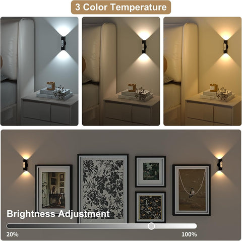 Motion Sensor Wall Lights Indoor - Rechargeable Battery Operated Wall Sconces with Remote Control, Wireless LED Wall Lamp for Hallway, Stair, Bedroom, Living Room, Black Metal, 2 Pack