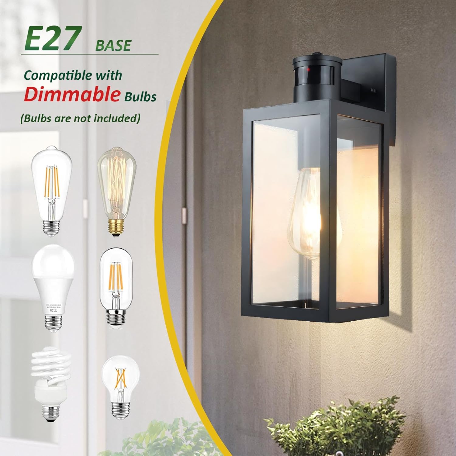 Outdoor wall light fixture with compatibility information for E27 base and dimmable bulbs.