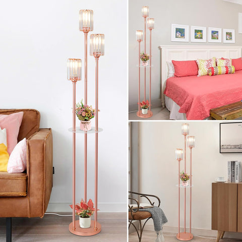 Modern Floor Lamp with Shelves, 3-Lights Rose Gold Crystal Standing Lamp with Glass Lampshades and Foot Switch for Living Room, Bedroom, Corner Tall Lamp