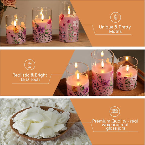 Pink Floral Glass Flameless Candles with Remote & Timer, Flickering Battery Operated LED Pillar Candles Set of 3