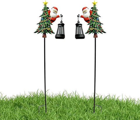Christmas Solar Stake, Tree Santa Lantern, Decorative Pathway Lights, 2 Pcs