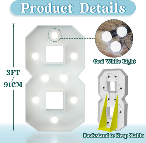 3FT Light Up Numbers Birthday Decoration Large Marquee Numbers 8 for 18th 80th Birthday Party Decor Wedding, Big Number Frame Foam Cardboard Mosaic Arch Stand Pre-cut Numbers