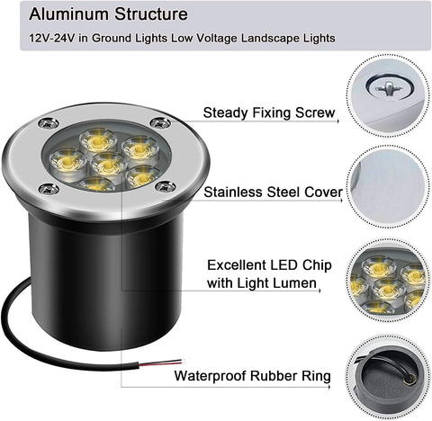 Outdoor Buried Lights LED Ground Light Mains Powered Garden Lights Underground Light 6W 12V 24V IP67 Waterproof Low Voltage Well Lighting for Garden, Pathway, Patio(Warm White)