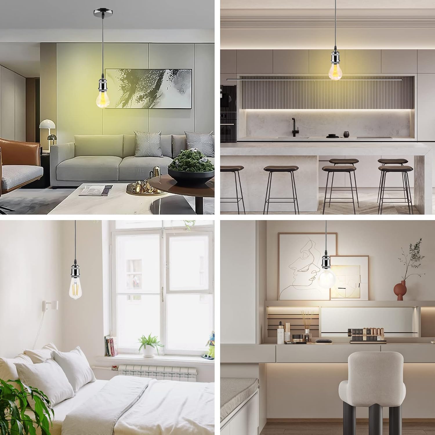 Collage of modern interior design elements including a living room, kitchen, and bedroom.