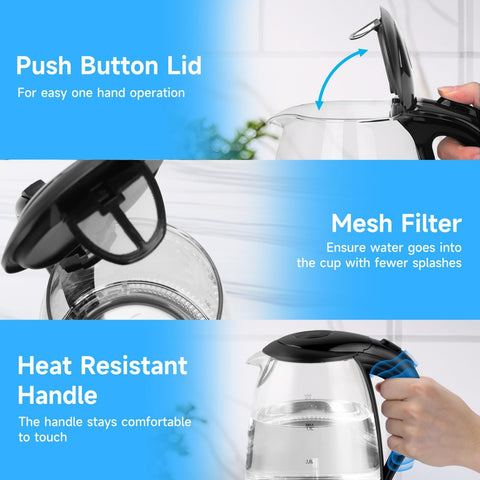 Glass Electric Kettle 1.7L, 2200W Fast Boil, LED Light, Auto Shut-Off