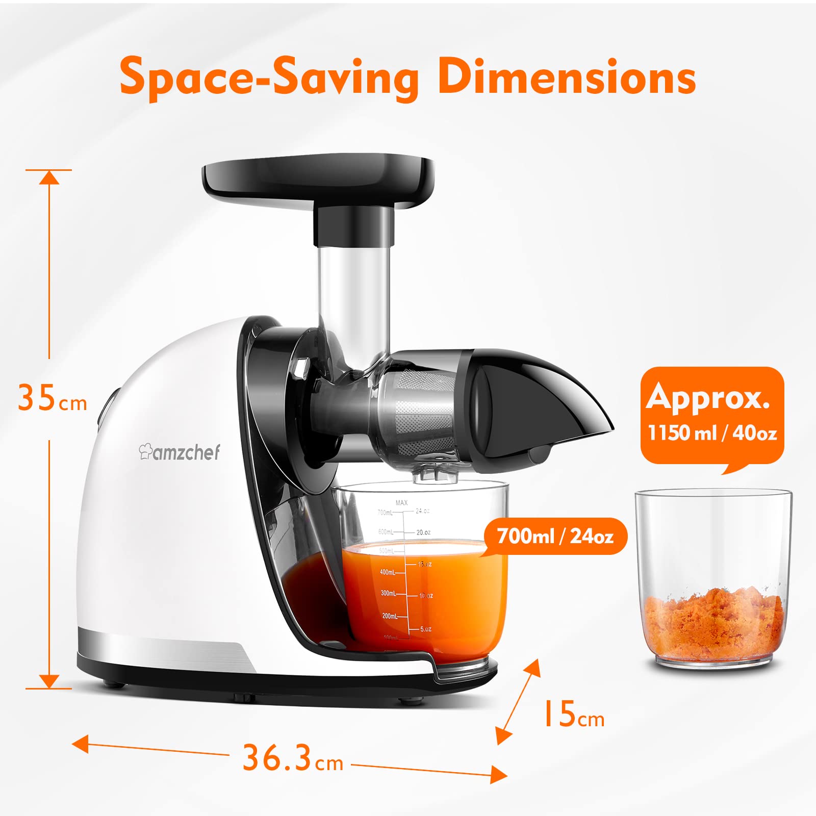 AMZCHEF Juicer Machines - Cold Press Slow Juicer - Masticating Juicer for Whole Fruits and Vegetables - Delicate Chew No Need to Filter - BPA Free Juice Extractor with 2 Cups and Brush - Black