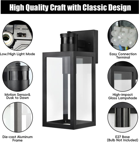 Motion Sensor Outdoor Wall Lights, Upgrade Dusk to Dawn Wall Sconce, Waterproof Porch Light Fixtures Wall Mount for Entryway, Doorway, Garage, E27 Socket, PIR Motion Activated