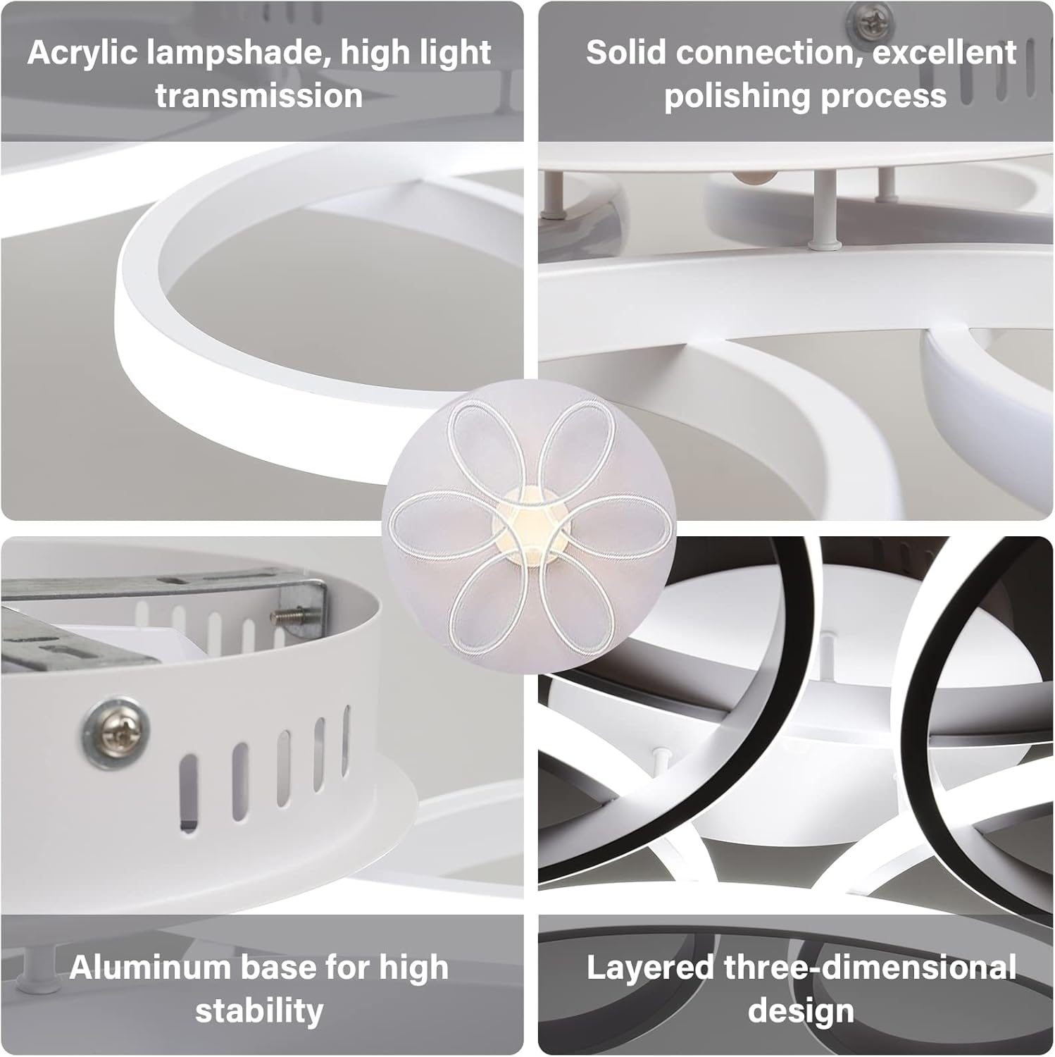 Ceiling light fixture with acrylic lampshade, solid connection, aluminum base, and three-dimensional design.