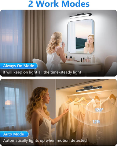 Ferswe 3W Rechargeable Wardrobe Lights with Motion Sensor – Magnetic Under Cabinet LED Light Bar with 3 Colour Modes & Dimming - Light Up the Forgotten Corners of Your Home