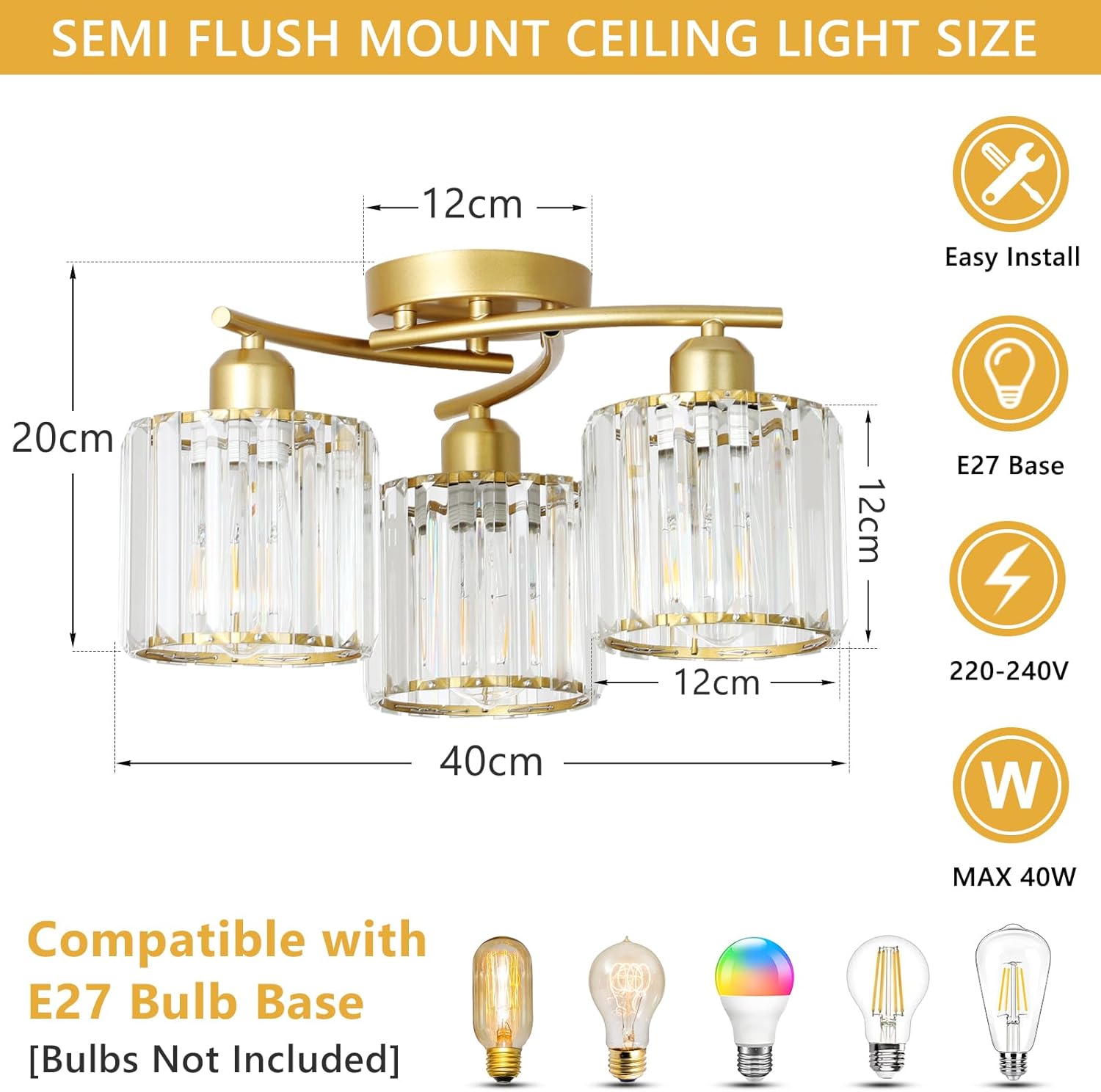 Ceiling light fixture with dimensions and compatibility details on a white background