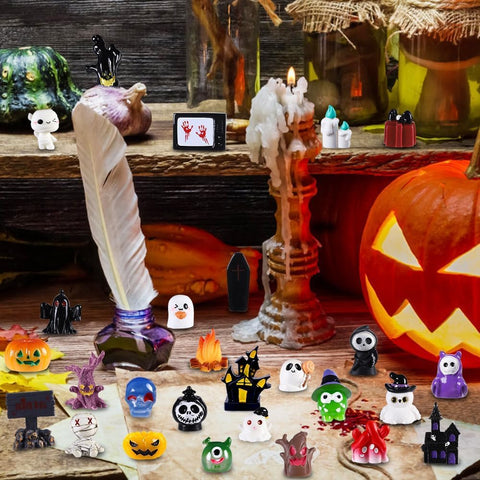 50PCS Halloween Mini Resin Figurines – 50 Styles of Tiny Pumpkin, Ghost, Skull & Skeleton Decorations for DIY Crafts, Miniature Gardens & Party Décor
