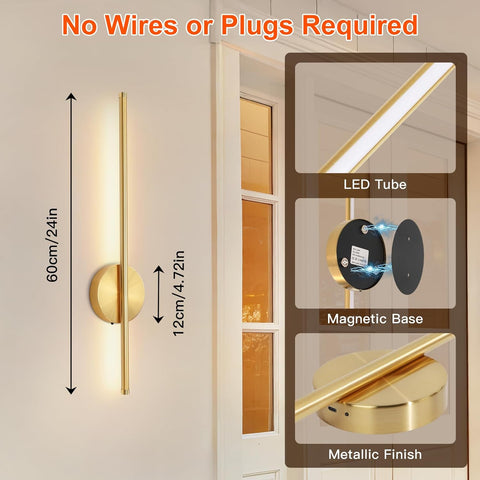2 Pack USB Rechargeable Gold LED Wall Lights - Dimmable & Remote