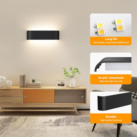 Indoor Led Wall Lights - 2 Pack 3000K/4500K/6000K Adjustable Color Temperature Wall Lights for Bedroom Living Room Kitchen Dining Room (Black, 2 Pack)