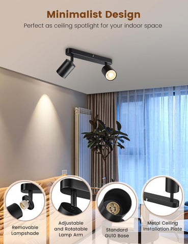 Ceiling spotlight with adjustable lamp arm and removable lampshade in a room setting.