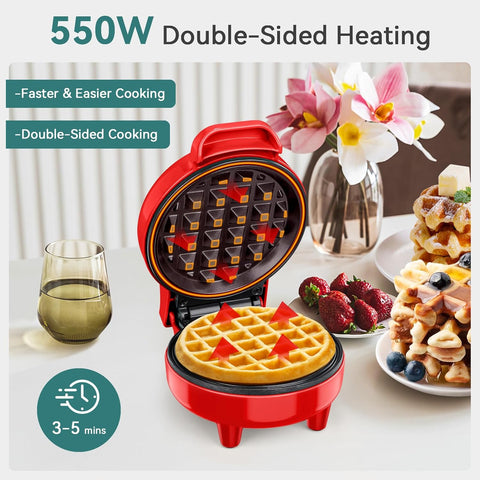 Snailar Mini Waffle Maker – 550W Compact Waffle Iron, Nonstick Coating, Ready Indicator Light, Cool Touch Handle, Easy Clean, Red