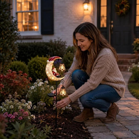 Santa Solar Lights for Outside Christmas Resin LED Moon Lights with Lantern