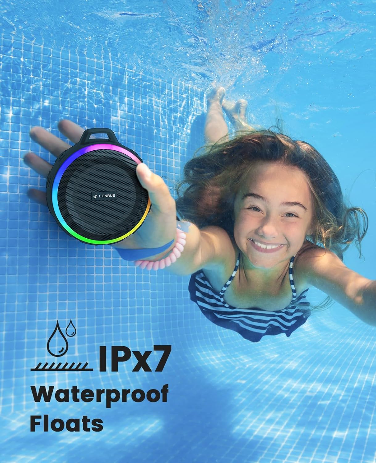 Child holding a waterproof device underwater with 'IPx7 Waterproof Floats' text.