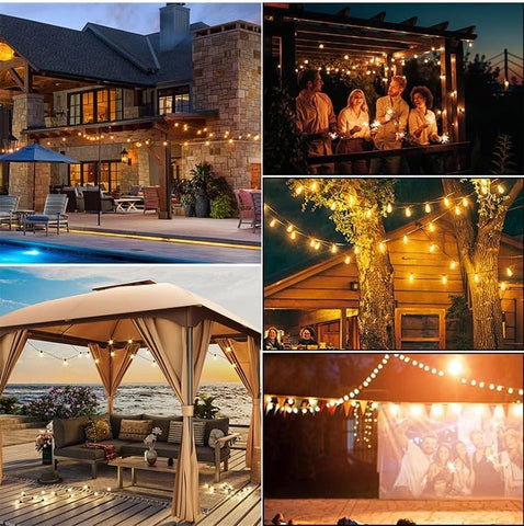 Collage of outdoor settings with string lights, including a pool area, patio, and garden.