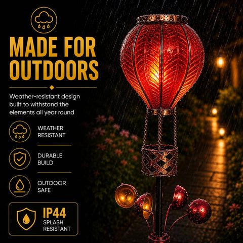 Festive Lights 1.15m Red Solar Hot Air Balloon Wind Spinner Stake Light – 20 Amber LED Flickering Flame Effect Garden Ornament, IP44 Weather Resistant Outdoor Lighting