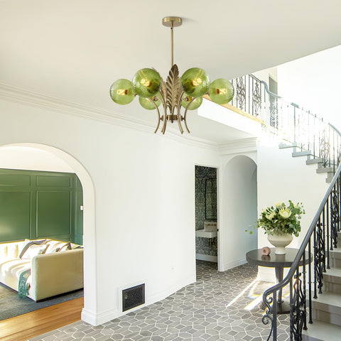 Modern 6 Lights Green Glass Chandelier, Gold Sputnik Pendant Ceiling Light