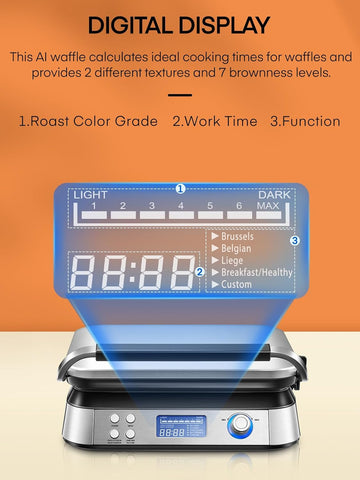 Smart Waffle Maker 1600W – Digital Display, 7 Browning Levels, 5 Presets, Non-Stick, Family Size, Timer & Alerts – Silver