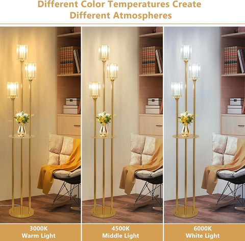 Modern Floor Lamp with Shelves – 3-Light Gold Crystal Standing Lamp with Glass Shades & Foot Switch for Living Room, Bedroom