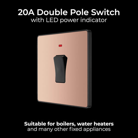 BG Electrical Single Wall Switch with LED Power Indicator, Double Pole, Screwless Front Plate, Round Edges, Evolve, Polished Copper, 20A, PCDCP31B