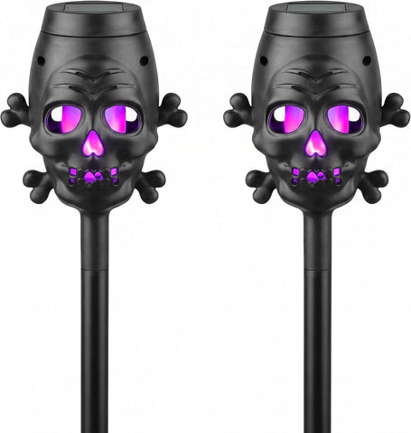 Solar Torch Lights 2Pcs Flickering Flame Skull Halloween Outdoor Garden Yard Pathway Purple