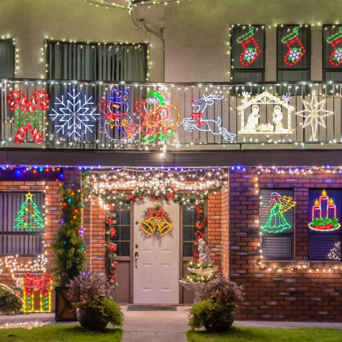 Pytopkto Christmas LED Window Silhouette Lights Set of 4 – Bell, Candy Cane, Snowman & Gift Box – Indoor & Outdoor Decorations