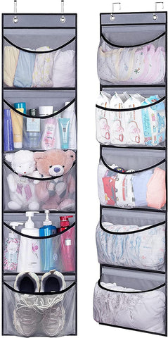 MISSLO 2 Pack Over Door Hanging Organiser with 5 Mesh Pockets Each, Grey – Space-Saving Bathroom, Bedroom & Wardrobe Storage