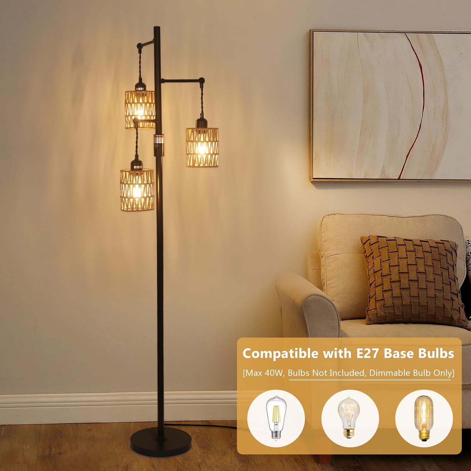 Floor lamp with multiple light bulbs in a living room setting, compatible with E27 base bulbs.