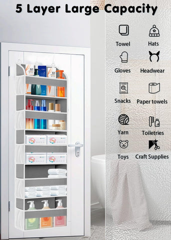 TAHAVICE Over The Door Storage Organiser, 5 Clear Window Pockets and 10 Mesh Side Pockets, Grey – Turn Unused Door Space into Smart Storage